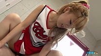 A fair-haired Asian cheerleader is discovered engaging in self-stimulation inside the locker room and subsequently receives an internal ejaculation
